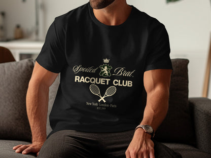 Black t-shirt with "Spoiled Brat Racquet Club" and crossed racquets graphic.