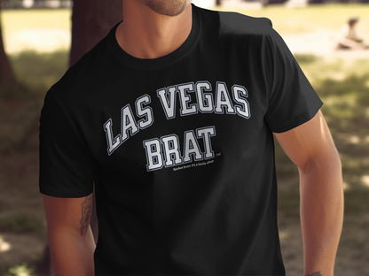 Black t-shirt with "LAS VEGAS BRAT" text in white arched font.