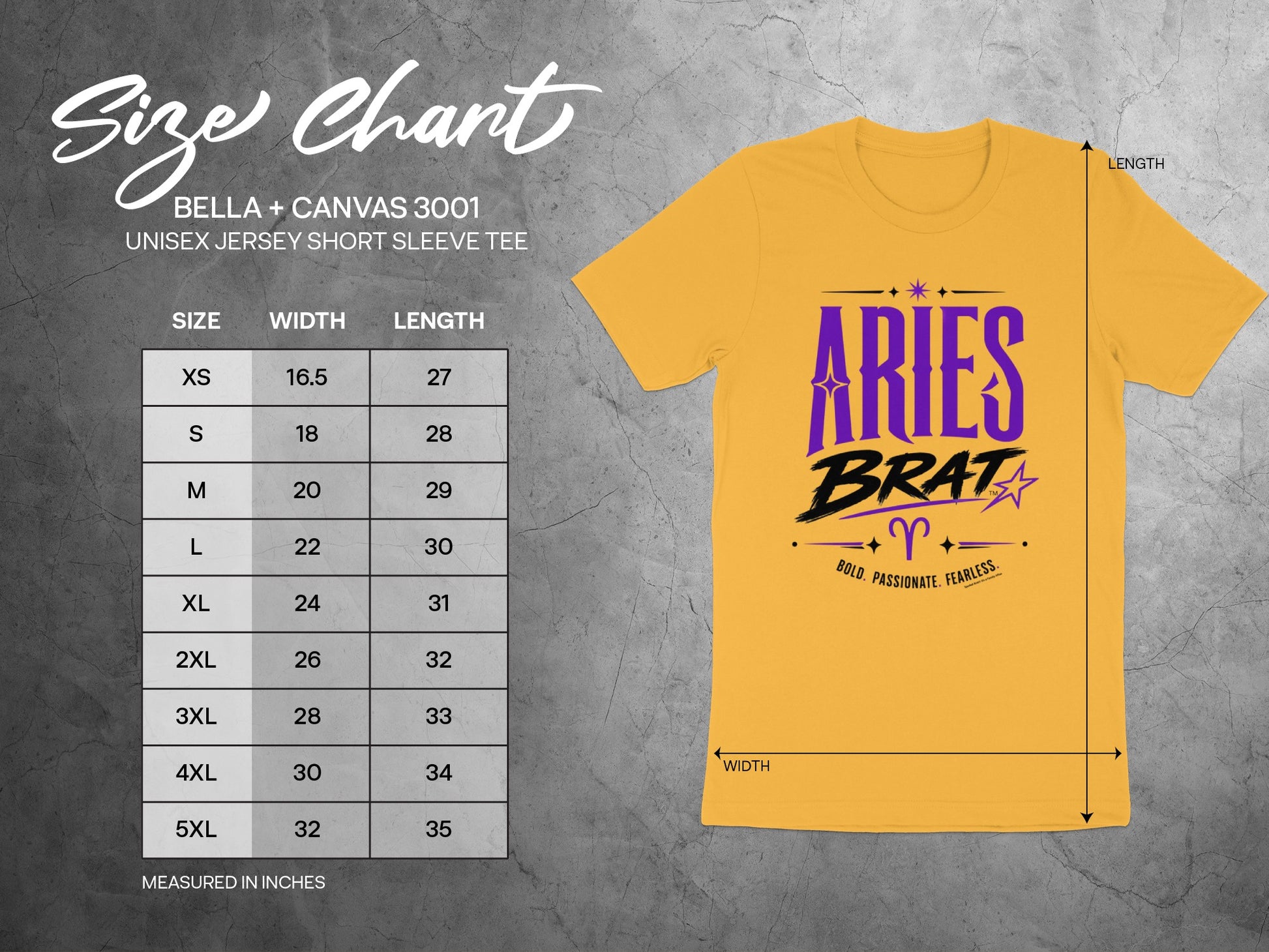 Size chart for Bella + Canvas 3001 unisex short sleeve tee in inches.