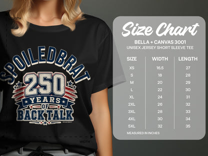 T-shirt with "250 Years of Back Talk" and size chart.