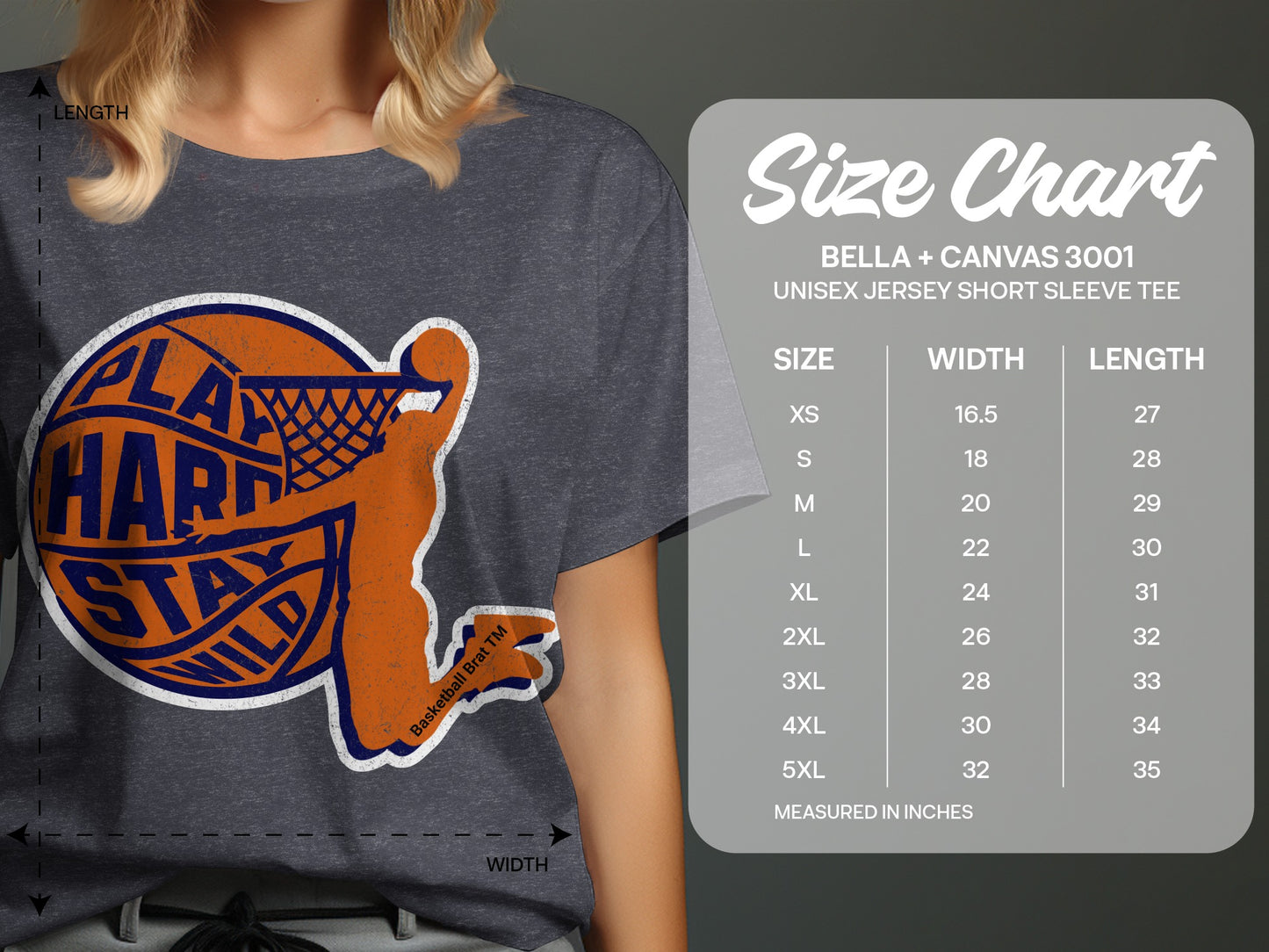 T-shirt size chart with basketball graphic and size measurements in inches.