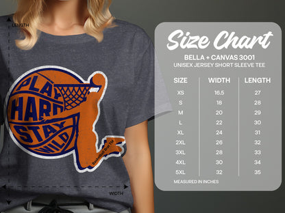 T-shirt size chart with basketball graphic and size measurements in inches.