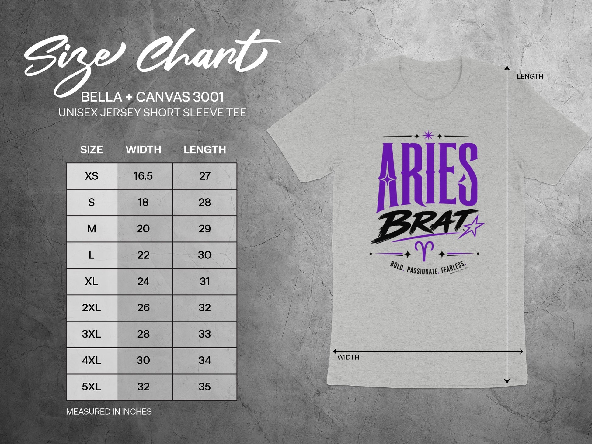 Size chart for Bella + Canvas 3001 Unisex tee with Aries Brat graphic.