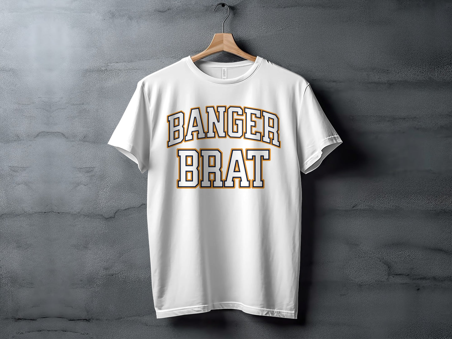 White t-shirt with "BANGER BRAT" text in collegiate font.