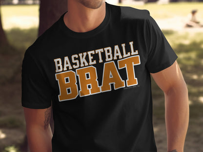 Black t-shirt with "BASKETBALL BRAT" text in orange and white.