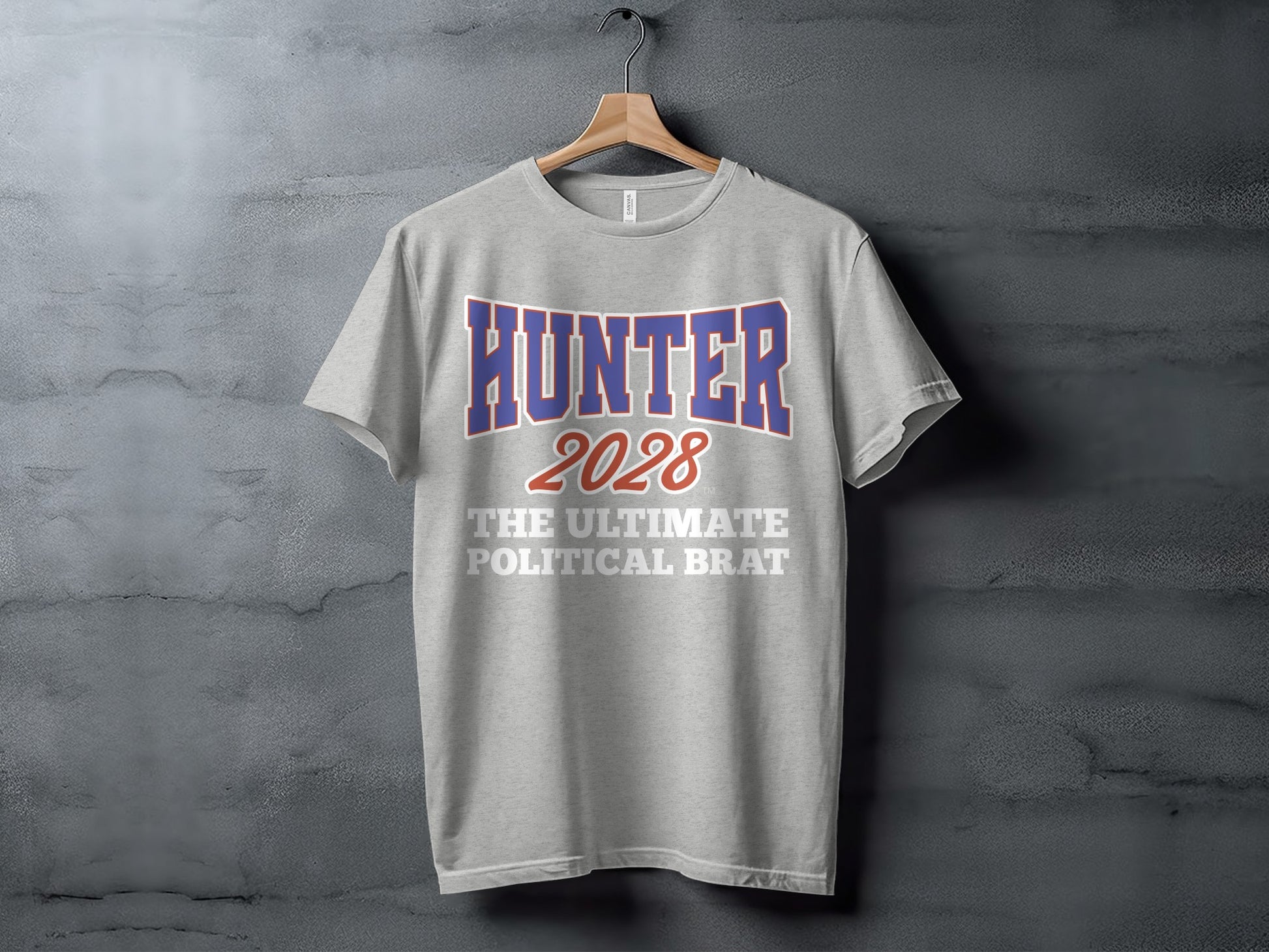 Light gray t-shirt with "HUNTER 2028 THE ULTIMATE POLITICAL BRAT" text.
