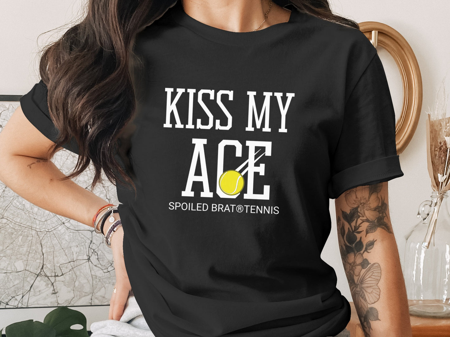 Black t-shirt with "KISS MY ACE" and tennis ball graphic.