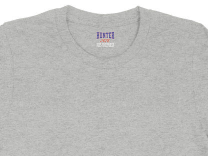 Gray t-shirt with "HUNTER 2028 THE ULTIMATE POLITICAL BRAT" printed on the neck label.