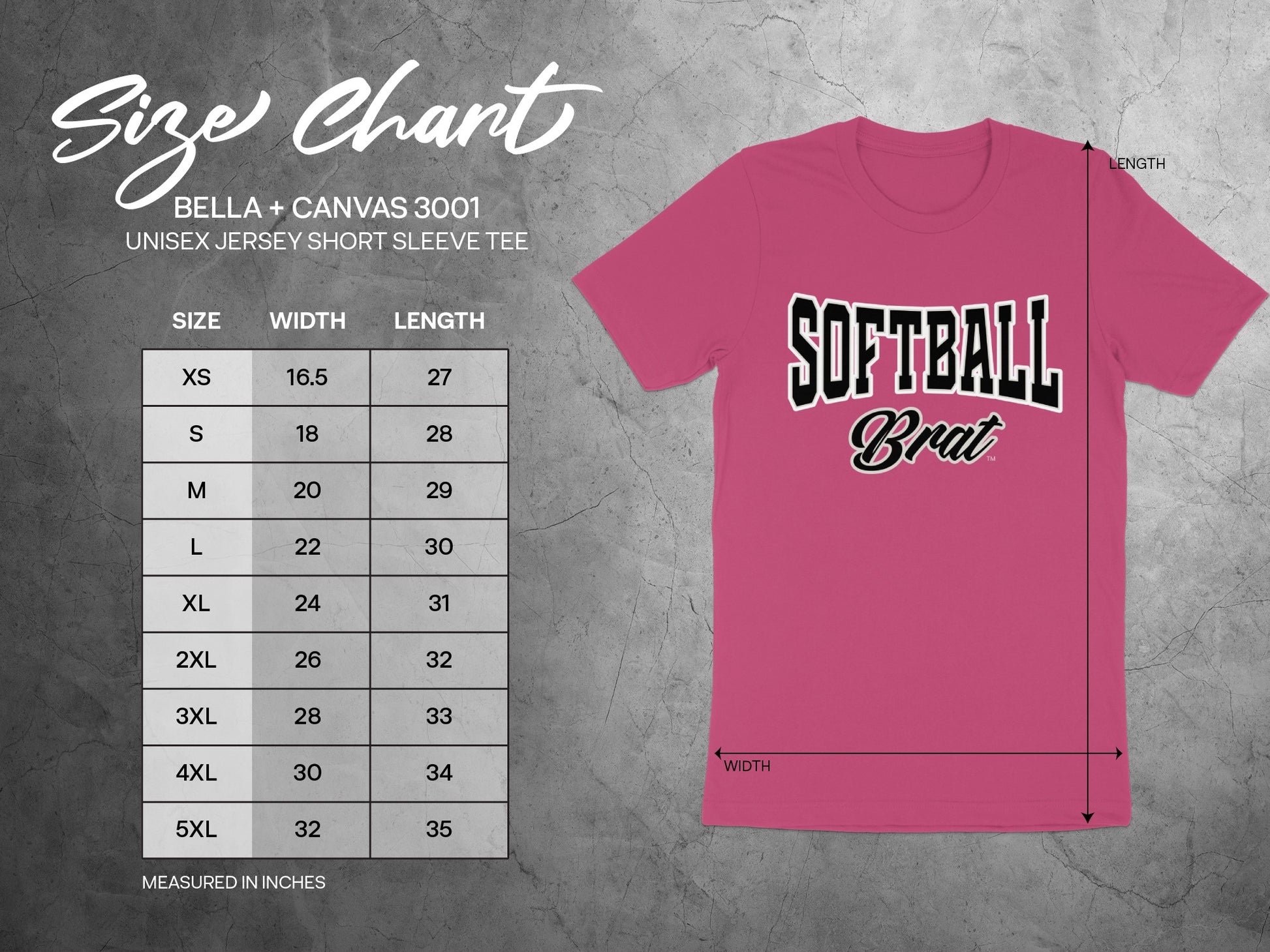 Size chart for Bella + Canvas 3001 unisex jersey t-shirt with sizes, width, and length.