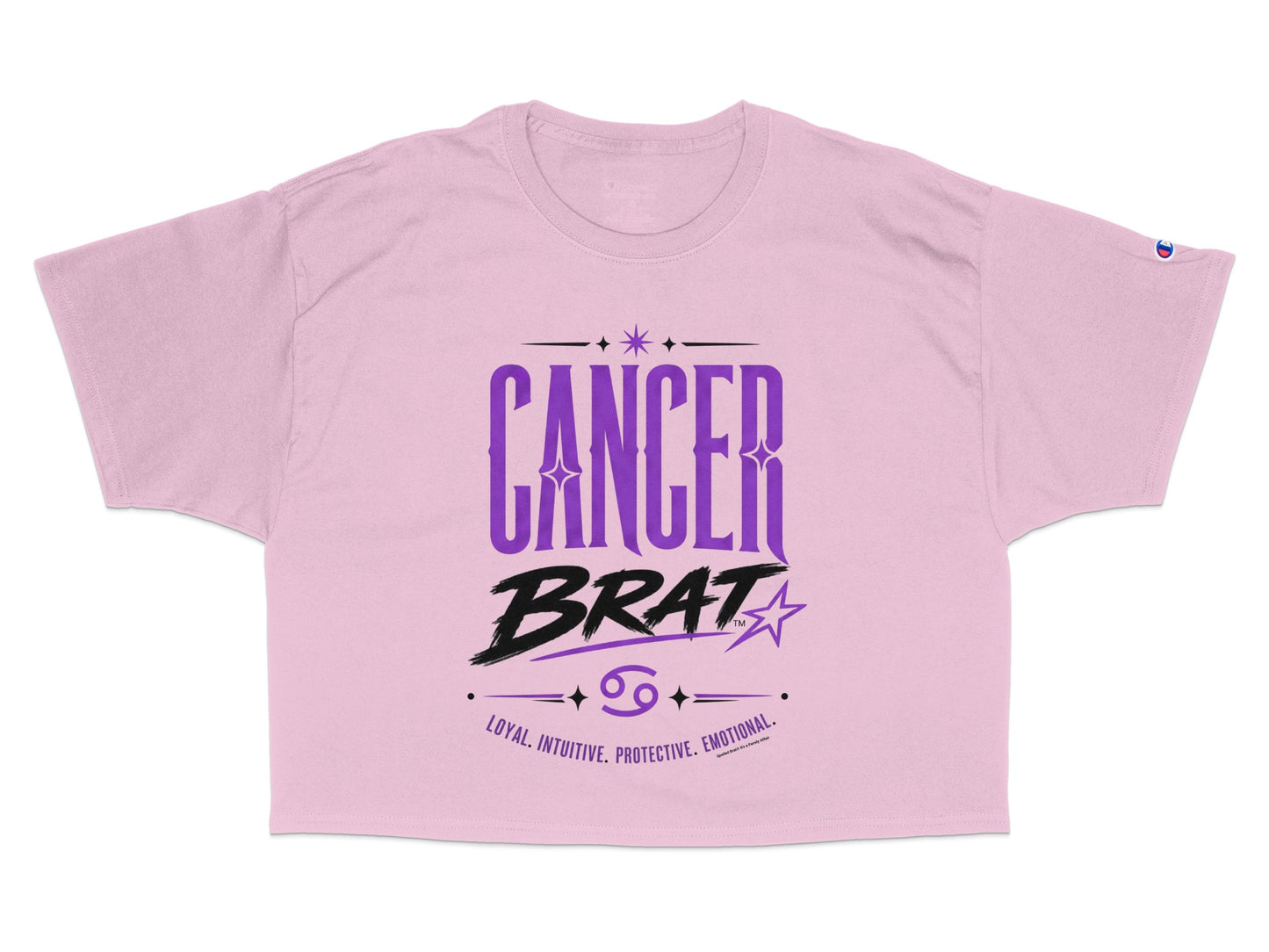 Pink t-shirt with "CANCER BRAT" text and zodiac traits.