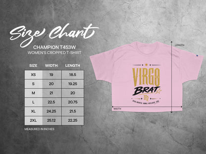 Champion T453W women's cropped t-shirt size chart with width and length measurements.
