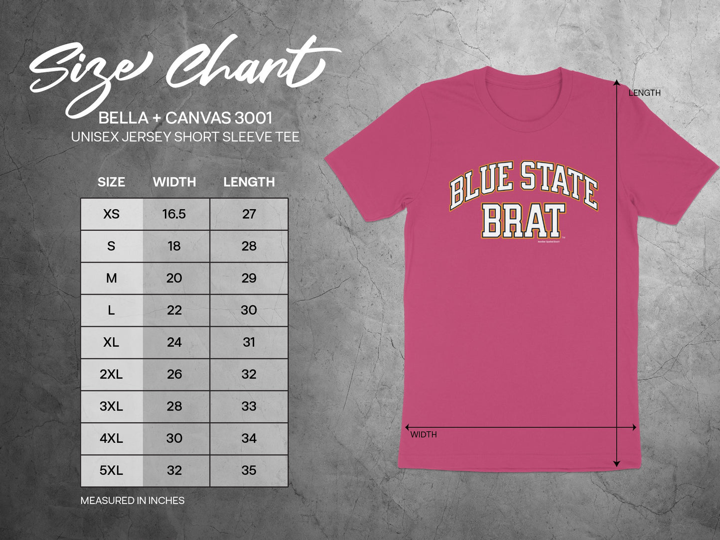Size chart for Bella + Canvas 3001 unisex short sleeve tee with measurements.