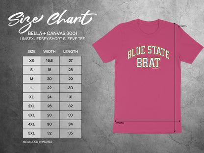 Size chart for Bella + Canvas 3001 unisex short sleeve tee with measurements.
