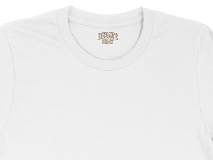White t-shirt with "DEBATE BRAT" graphic on the collar.