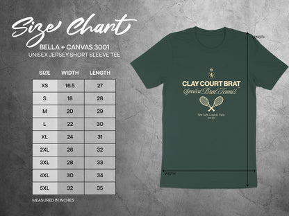 Bella + Canvas 3001 size chart for unisex jersey short sleeve tee with measurements.