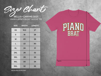 Bella + Canvas 3001 size chart for unisex jersey short sleeve tee with "Piano Brat" design.