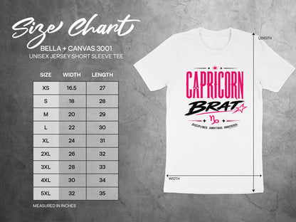 Bella + Canvas 3001 unisex tee size chart with width and length in inches.