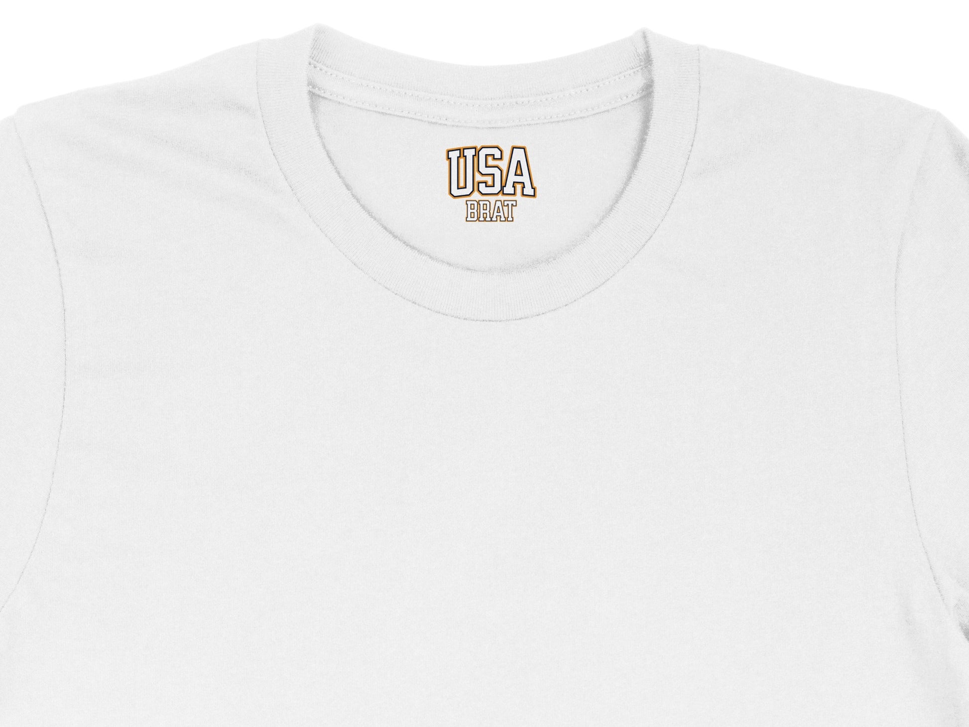 White t-shirt with "USA BRAT" text in a collegiate font on the collar.