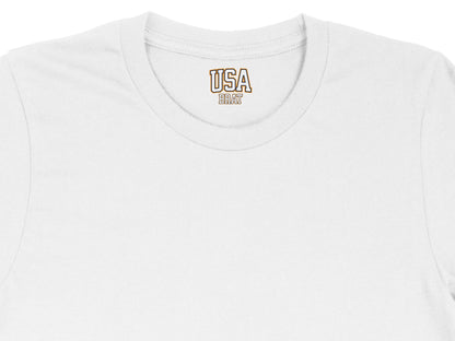 White t-shirt with "USA BRAT" text in a collegiate font on the collar.