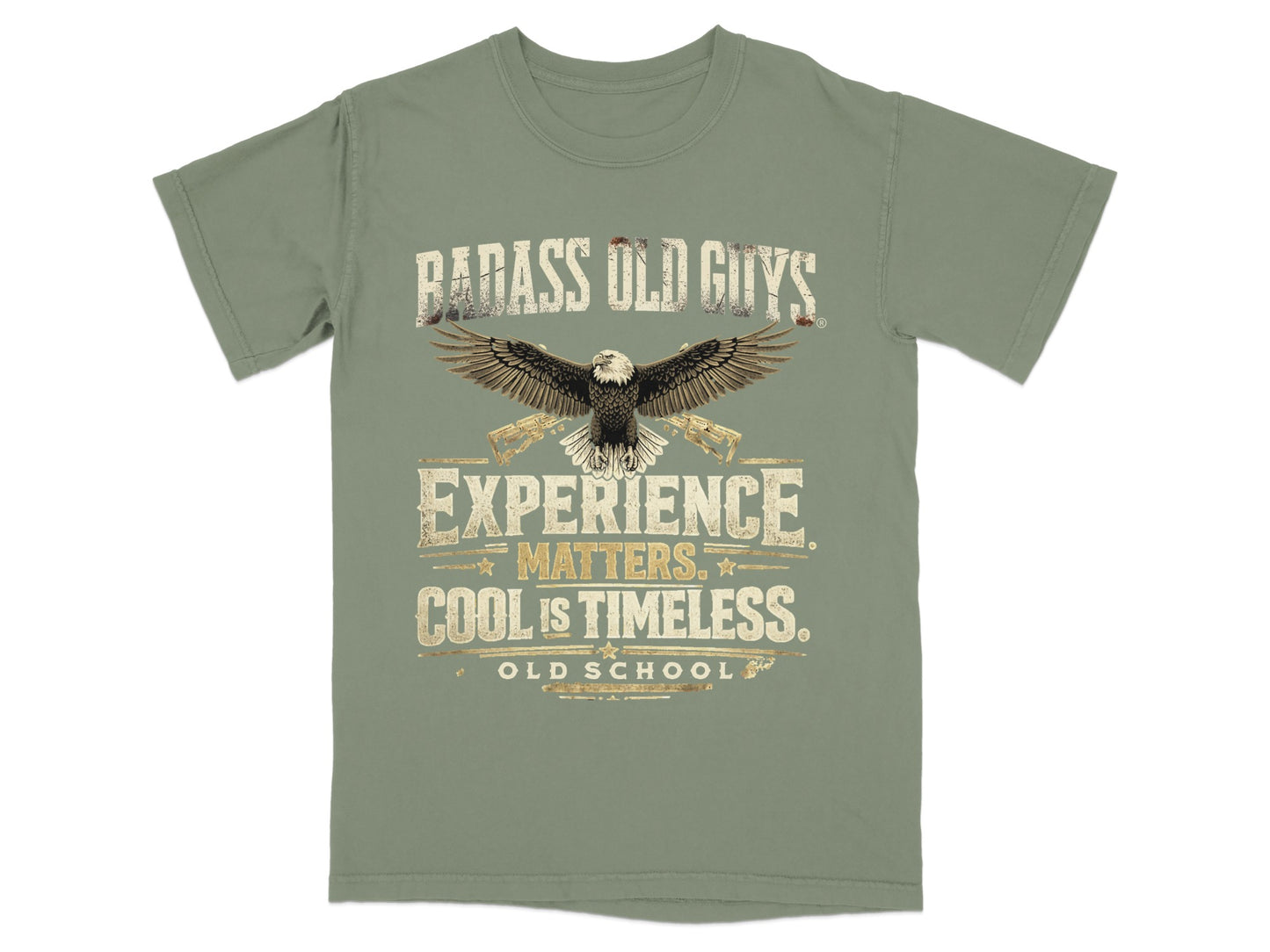 T-shirt with "Badass Old Guys Experience Matters Cool is Timeless" text and eagle graphic.