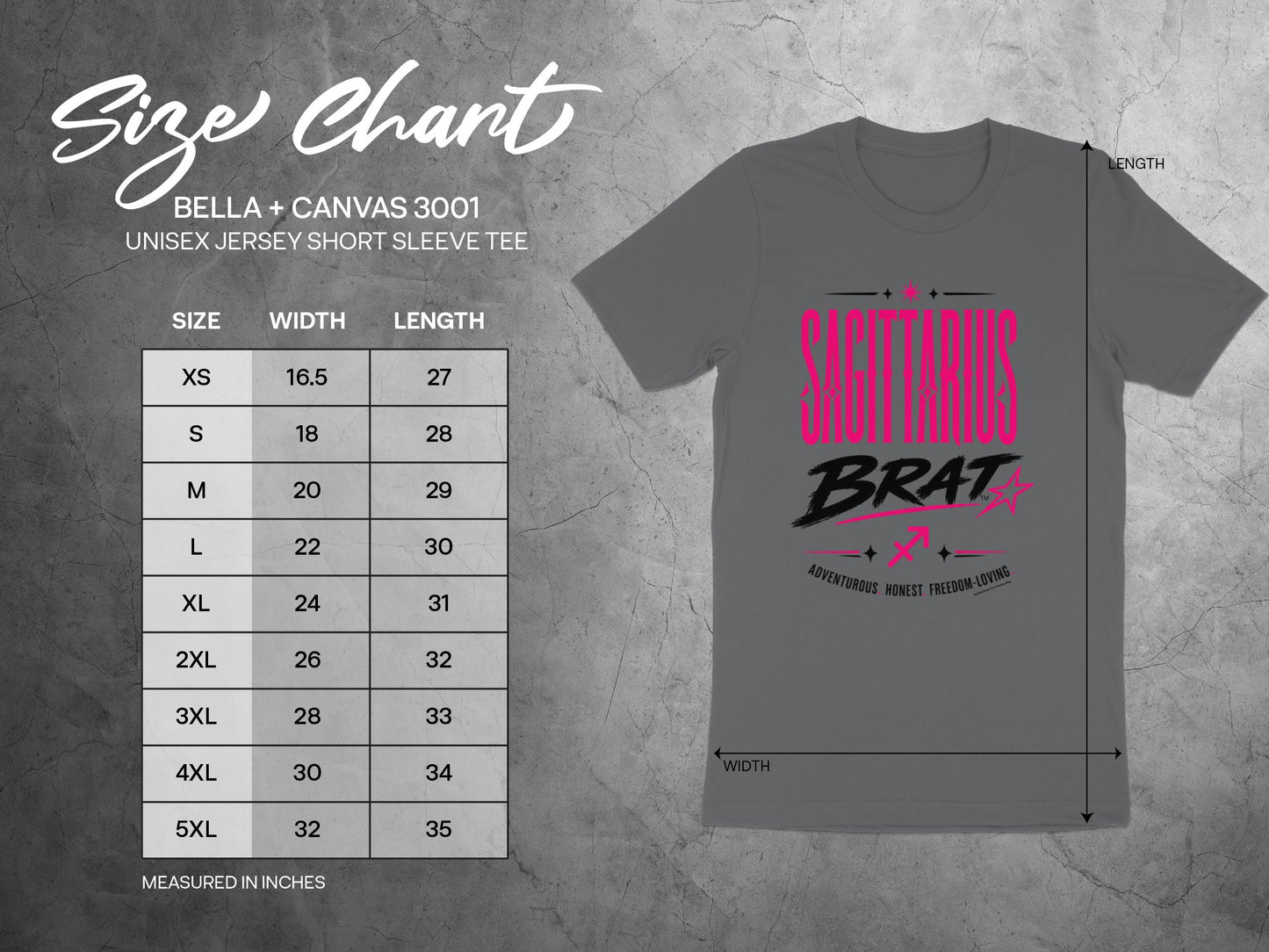 BELLA + CANVAS 3001 size chart for unisex short sleeve tees with measurements in inches.