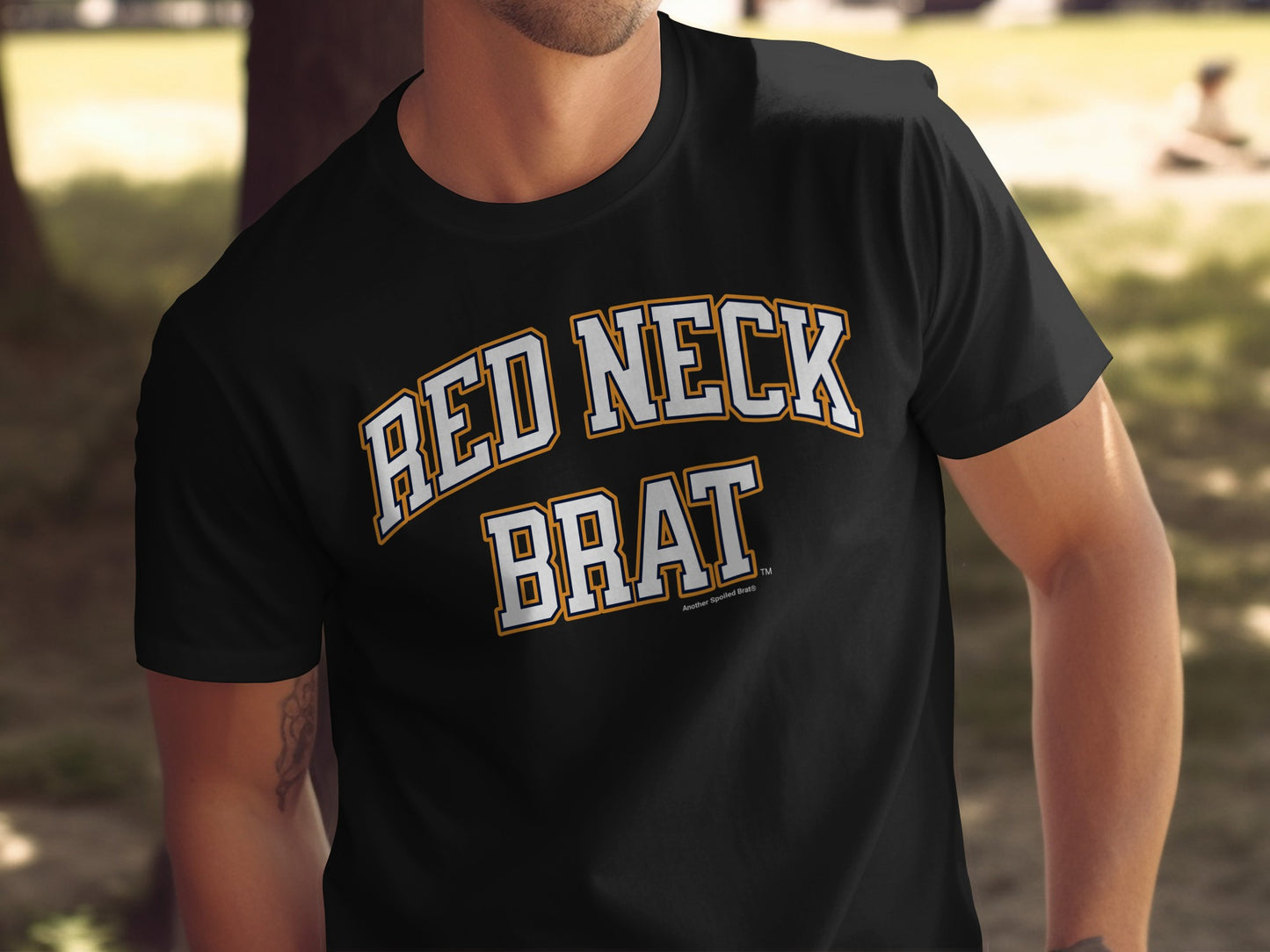 Black t-shirt with "RED NECK BRAT" text