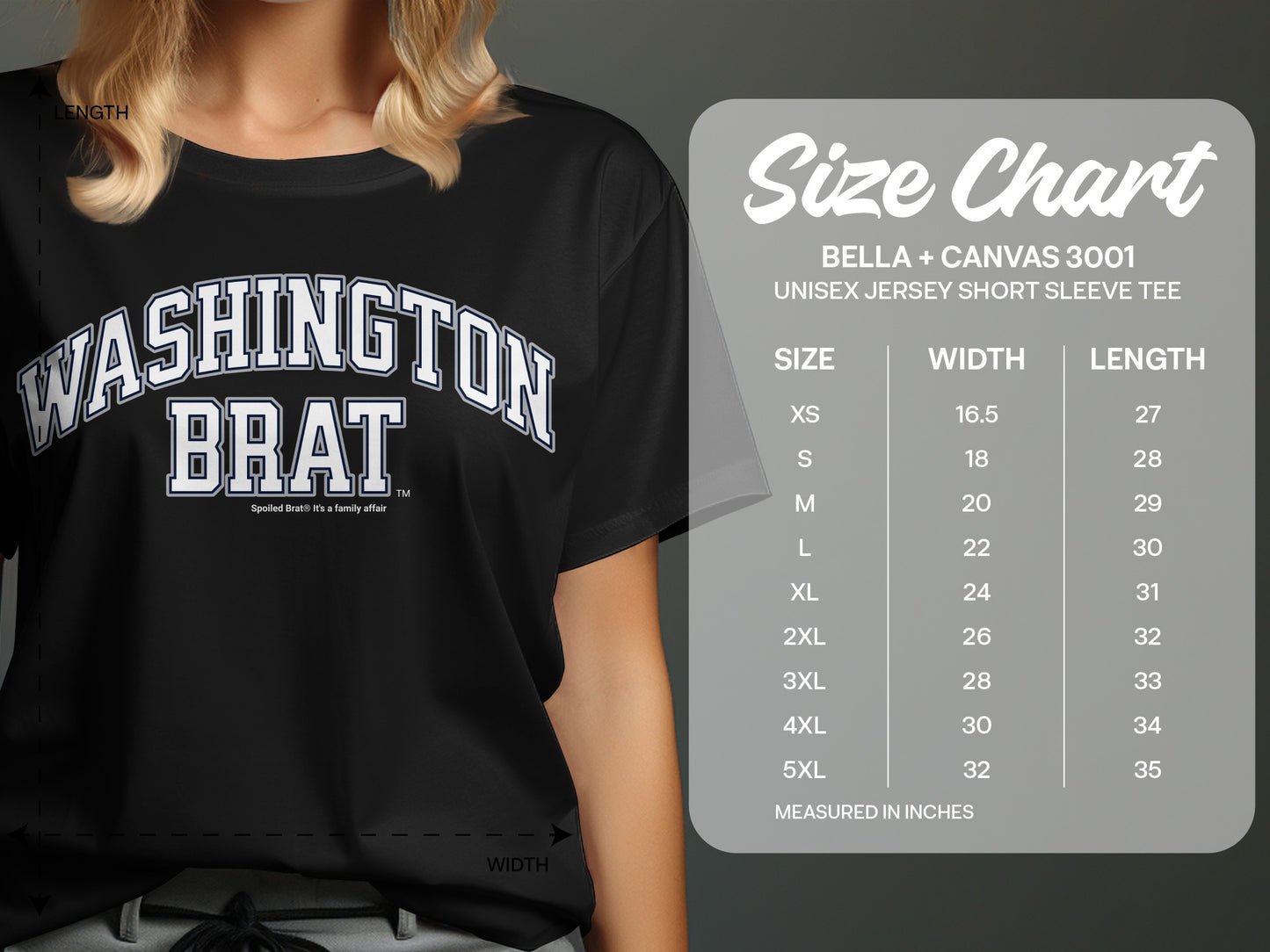 Black t-shirt with "WASHINGTON BRAT" text, adjacent to a size chart.