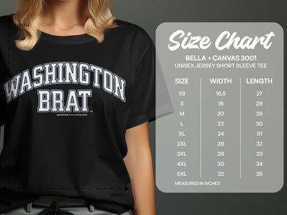 Black t-shirt with "WASHINGTON BRAT" text, adjacent to a size chart.