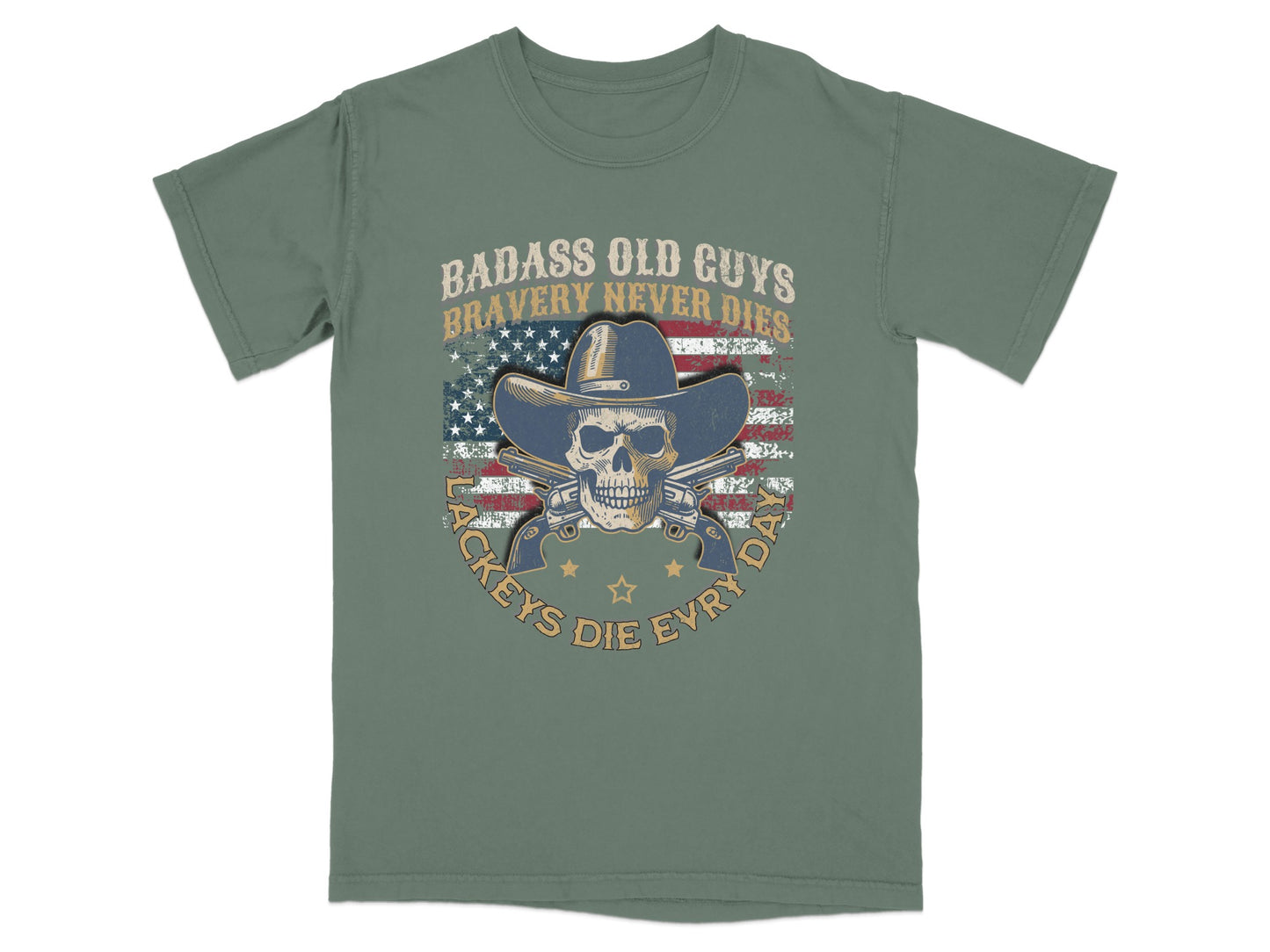 Graphic tee with skull, cowboy hat, guns, and American flag.
