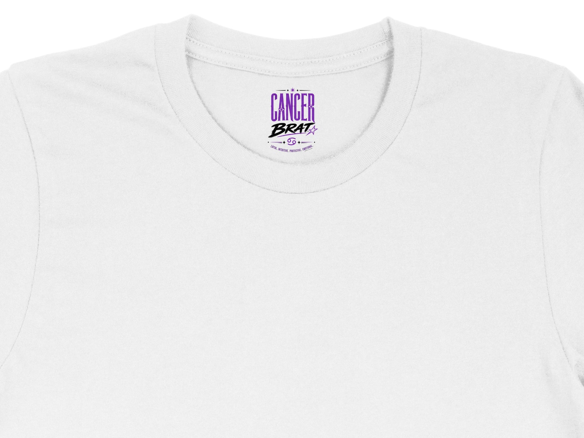White t-shirt with "CANCER BRAT" and zodiac symbol print.