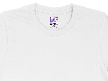 White t-shirt with "CANCER BRAT" and zodiac symbol print.