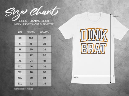 BELLA + CANVAS 3001 unisex jersey t-shirt size chart with width and length measurements.
