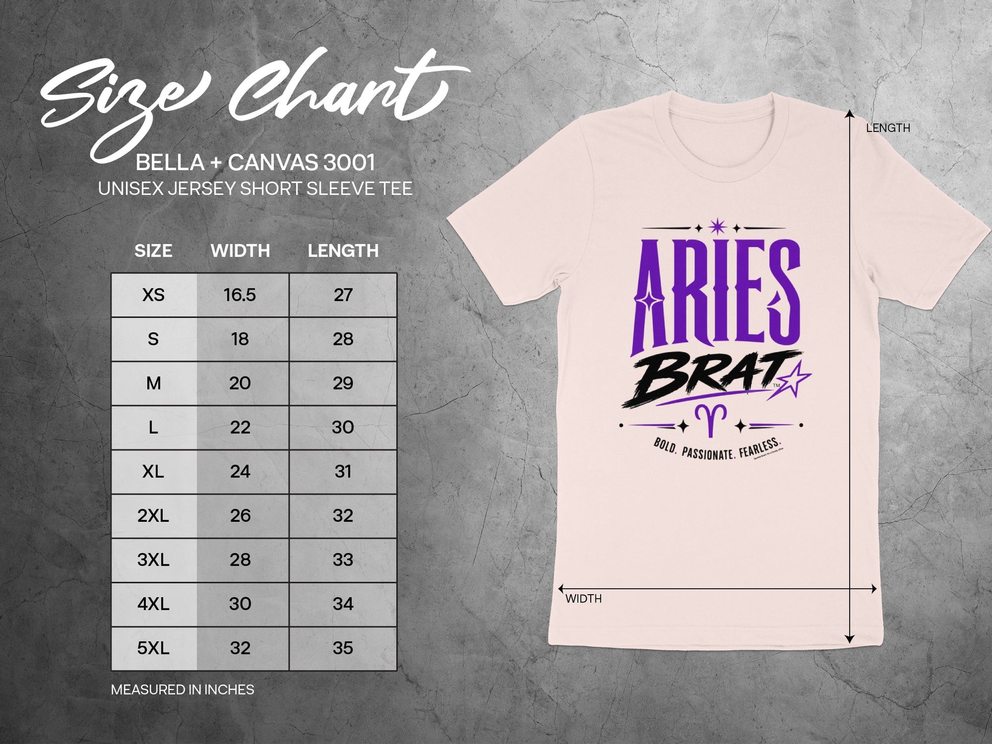 BELLA + CANVAS 3001 unisex t-shirt size chart with width and length measurements in inches.