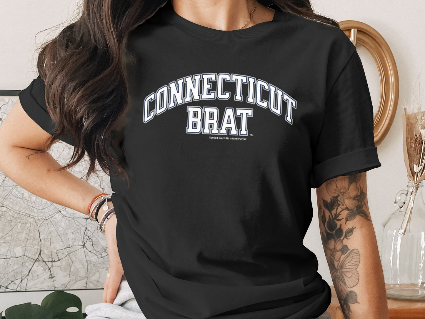Black t-shirt with "CONNECTICUT BRAT" and "Spoiled Brat. It's a Family Affair." text.