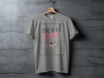 Grey t-shirt with "TRAVEL BRAT" text and list of cities.
