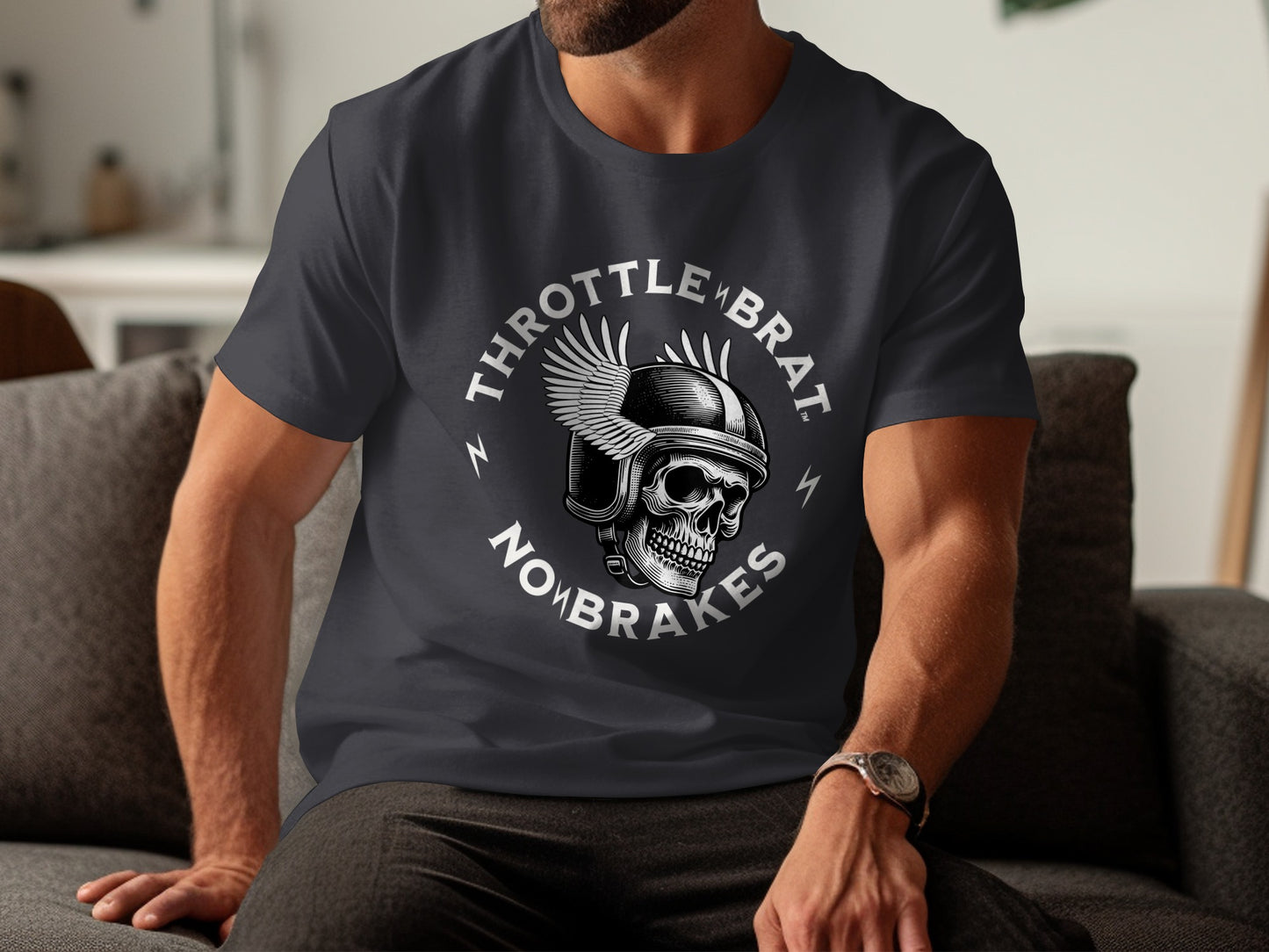 Dark t-shirt with skull wearing helmet and wings, "THROTTLEBRAT NOMBRAKES" text.