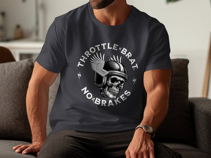 Dark t-shirt with skull wearing helmet and wings, "THROTTLEBRAT NOMBRAKES" text.