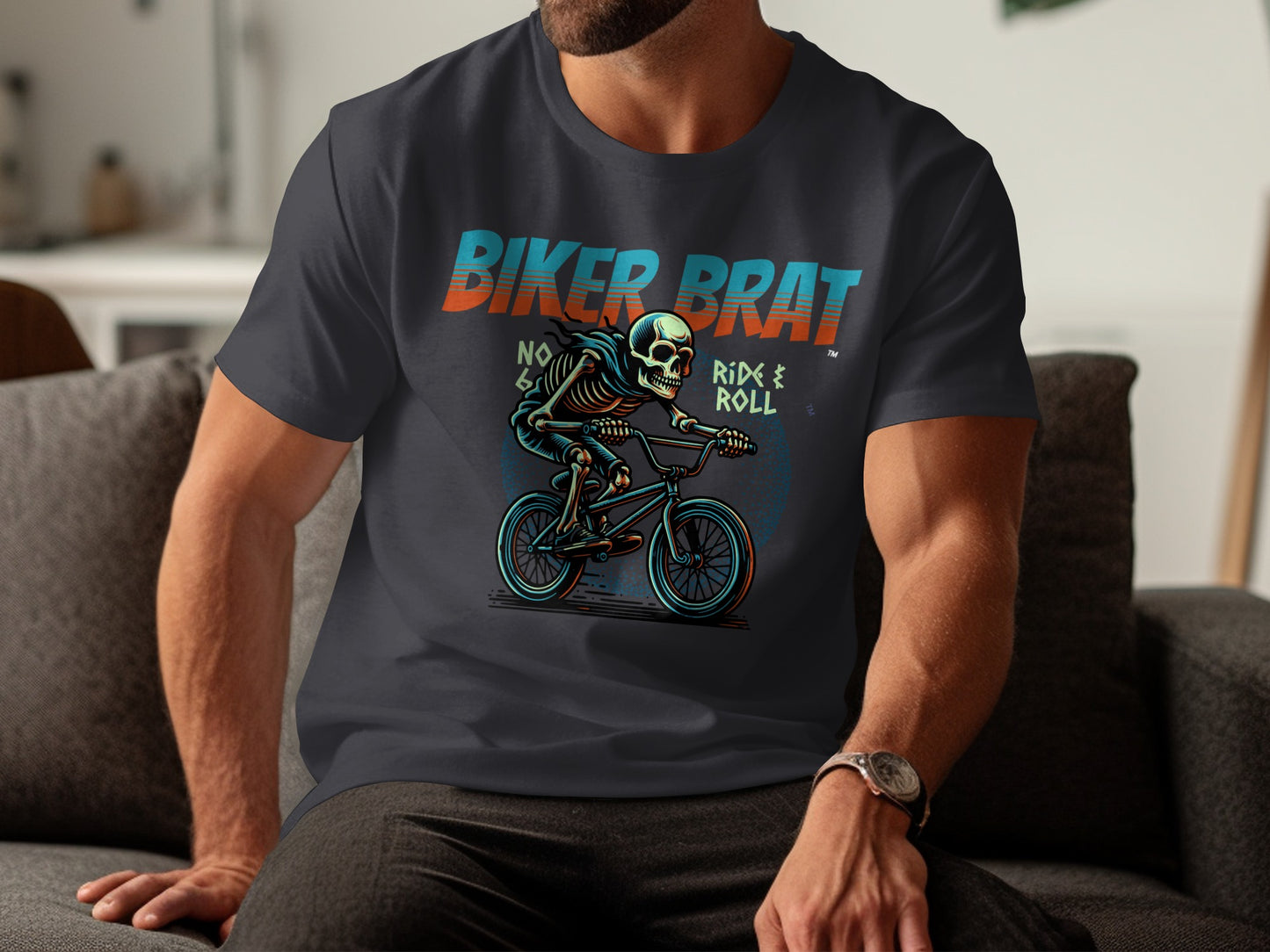 Biker Brat graphic tee with skeleton rider on bicycle.