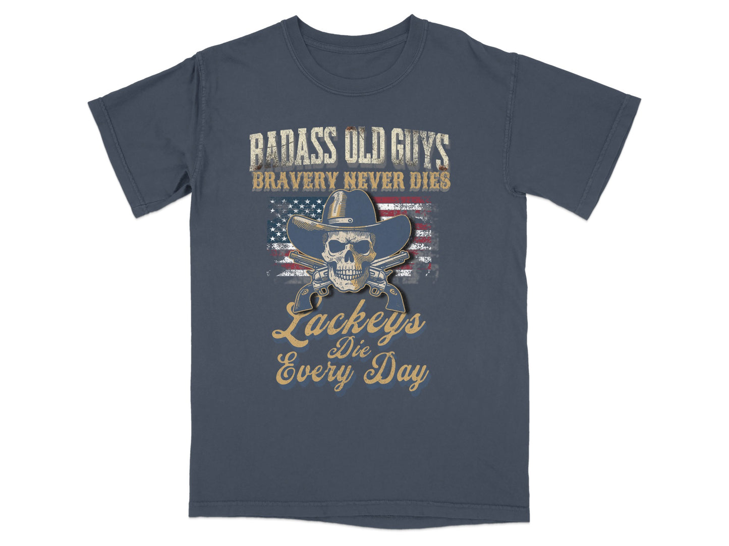 Dark blue t-shirt with "Badass Old Guys Bravery Never Dies" and skull graphic.