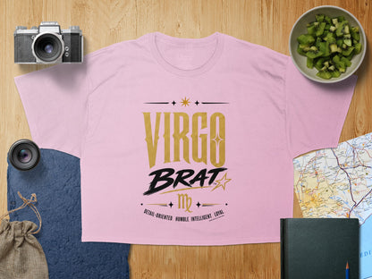 Pink t-shirt with "Virgo Brat" text, Virgo zodiac symbol, and qualities.