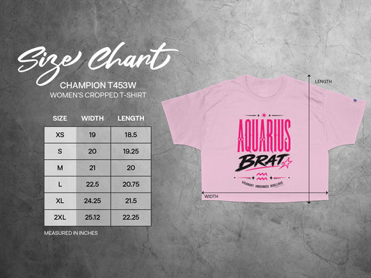 Champion T453W women's cropped t-shirt size chart with width and length measurements.