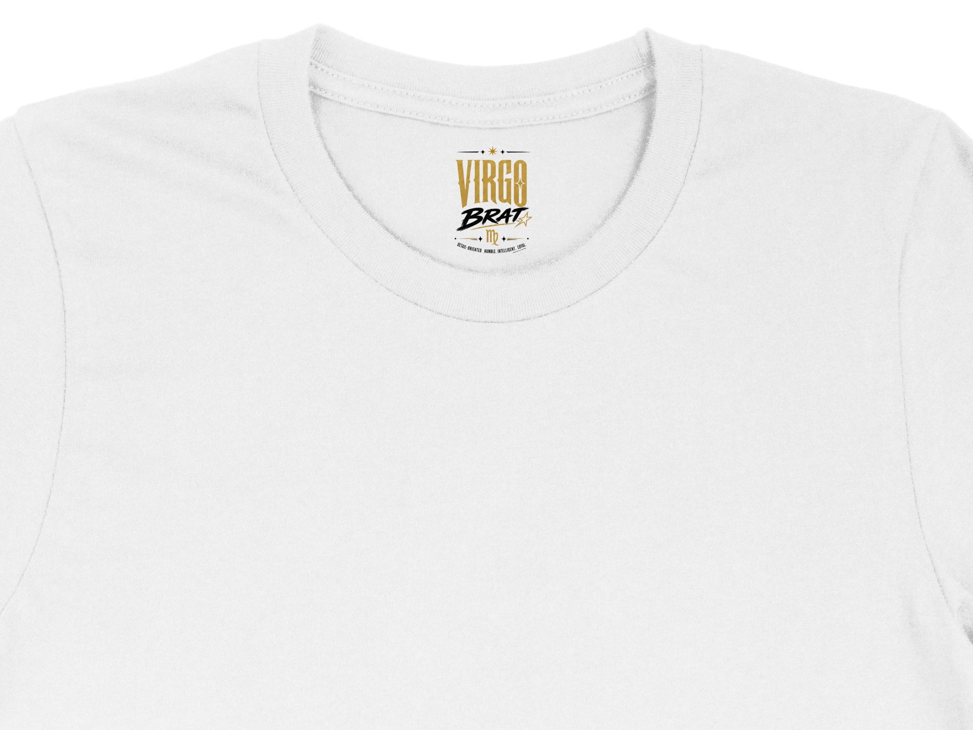 White t-shirt tag with "VIRGO BRAT" text and zodiac symbol for Virgo.