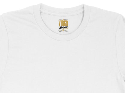 White t-shirt tag with "VIRGO BRAT" text and zodiac symbol for Virgo.