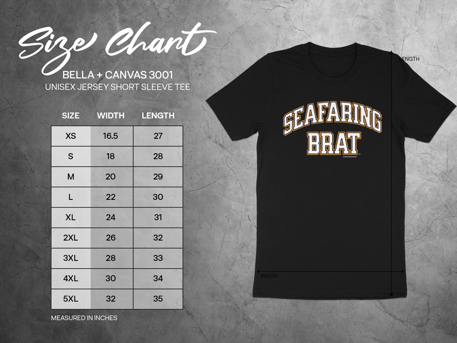 Bella + Canvas 3001 unisex tee size chart with width and length measurements in inches.
