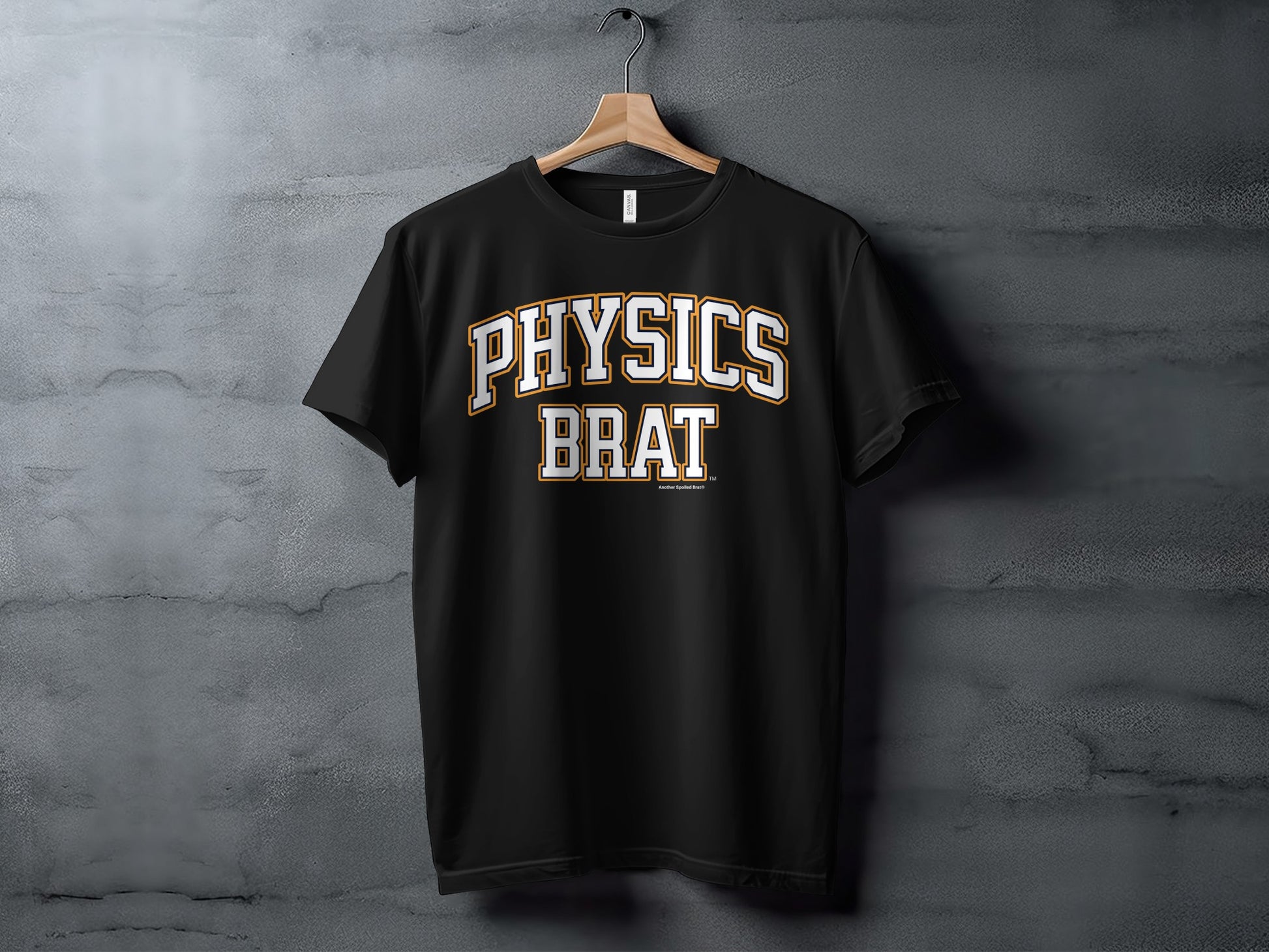 A black t-shirt hanging on a wooden hanger against a gray textured wall, featuring the text Physics Brat in white and orange block letters.
