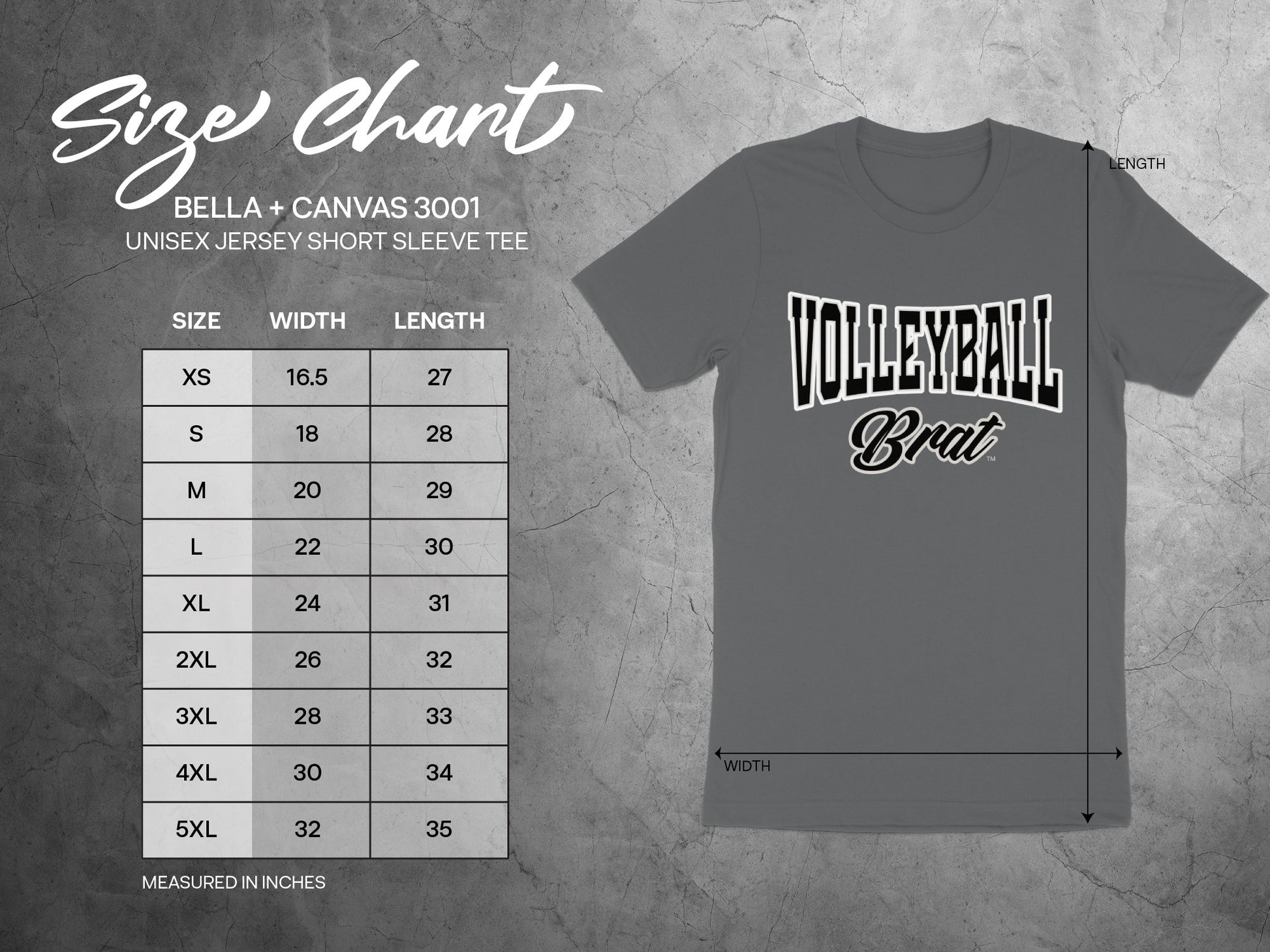 BELLA + CANVAS 3001 unisex t-shirt size chart with width and length measurements in inches.