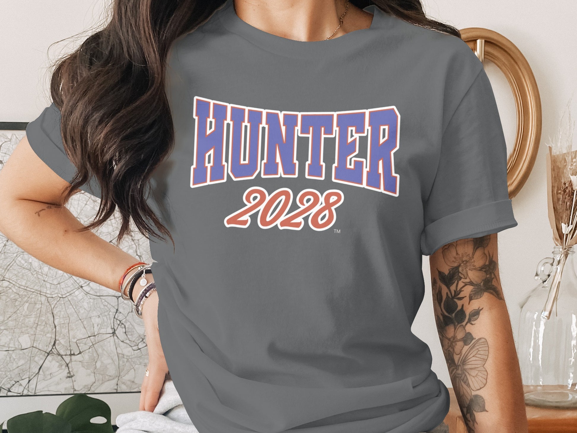 Gray t-shirt with "HUNTER 2028" printed in blue and red block letters.