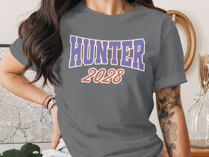Gray t-shirt with "HUNTER 2028" printed in blue and red block letters.