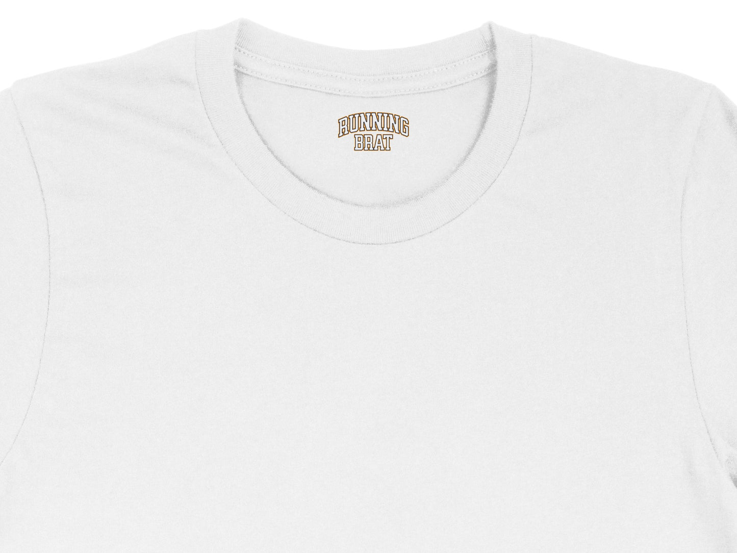 White t-shirt with "RUNNING BRAT" logo on the collar.