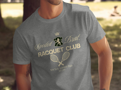 Grey t-shirt with "Spoiled Brat Racquet Club" and crossed tennis rackets.
